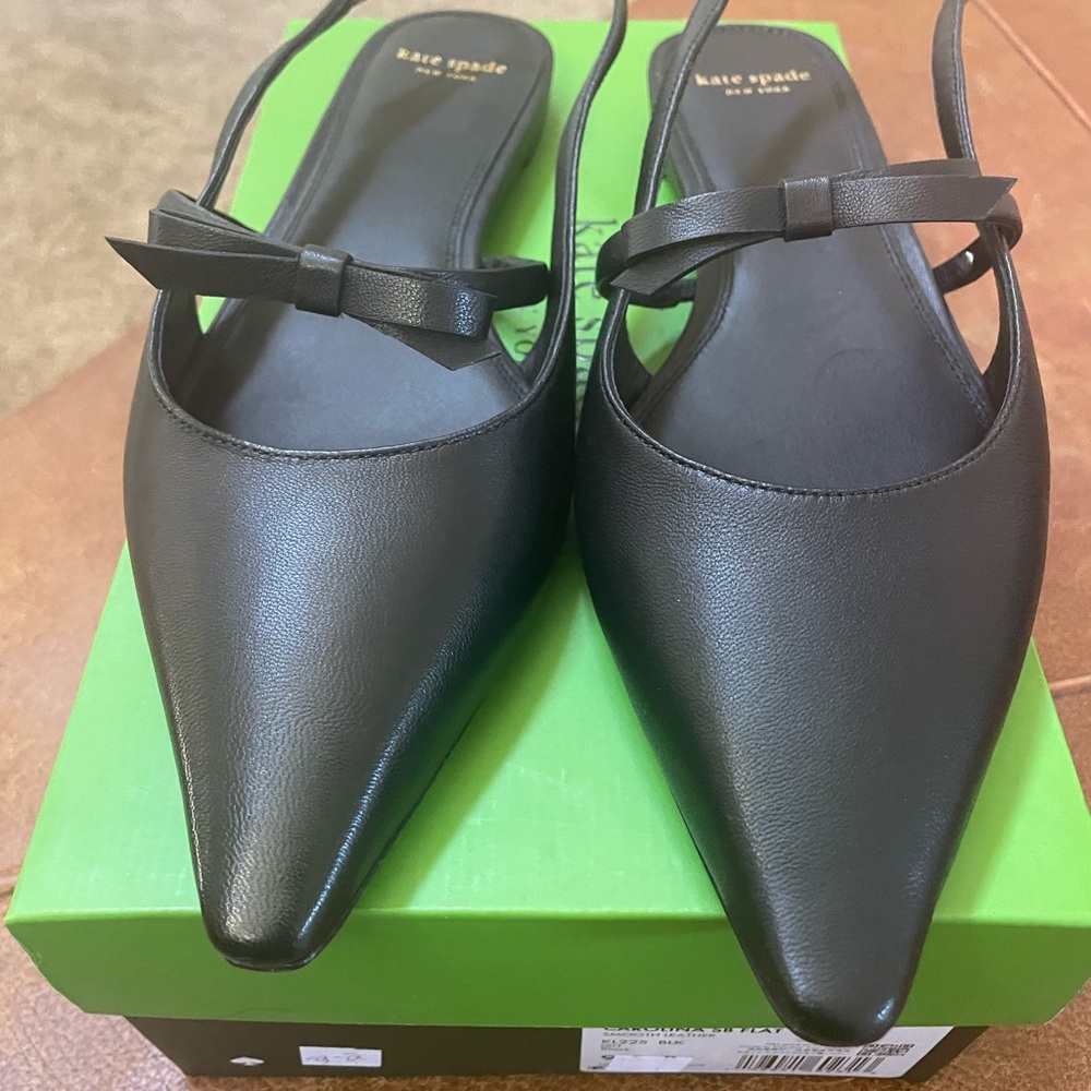 Kate Spade Black Leather Carolina sling back flats with Bow